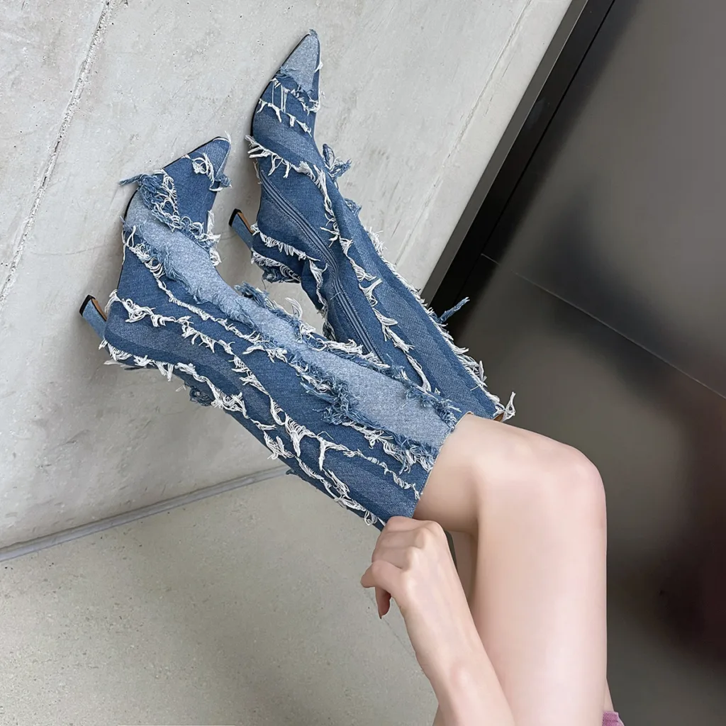 2023 European and American foreign trade new pointed denim thin high heel side zipper boots fashion catwalk large size fashion boots - Image 10