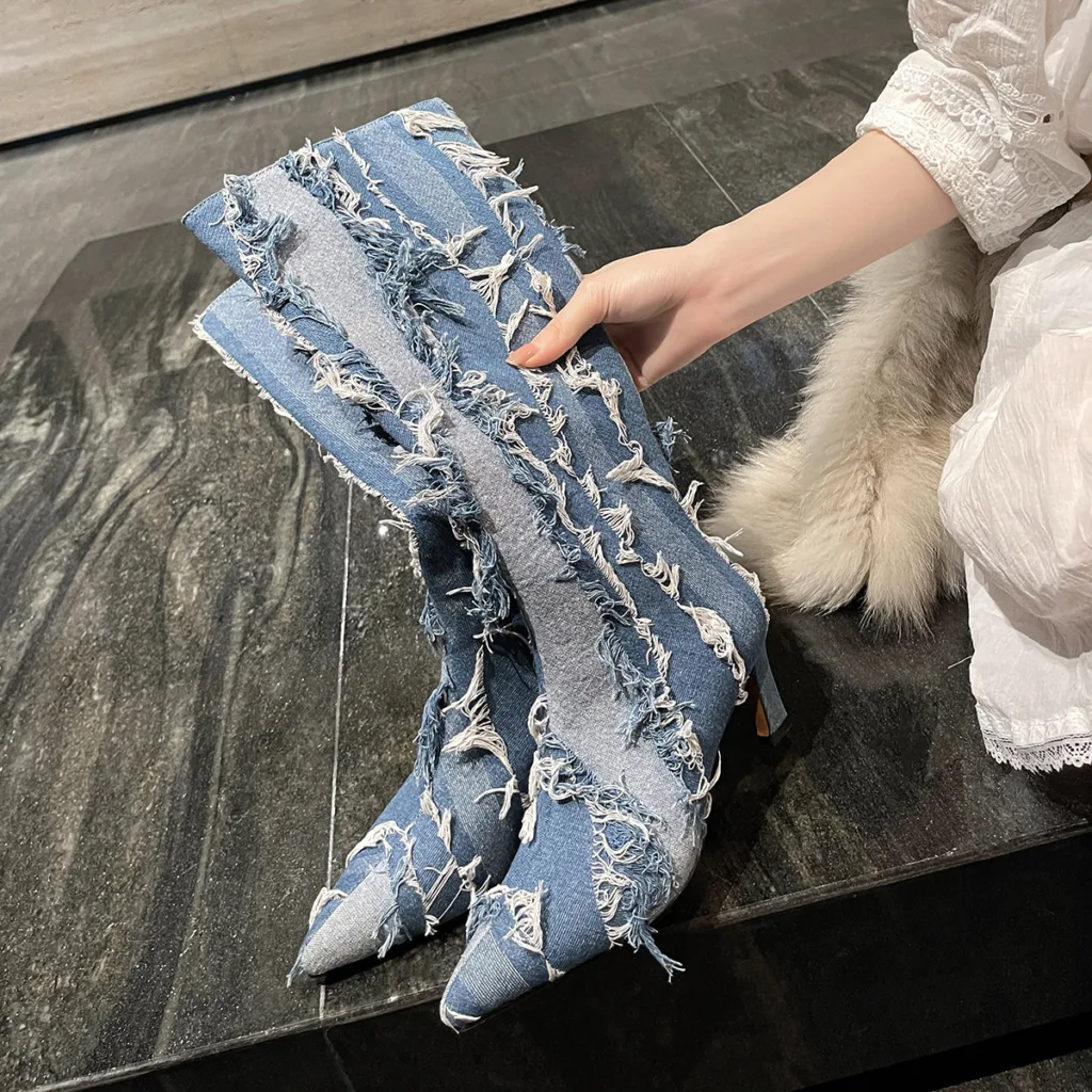 2023 European and American foreign trade new pointed denim thin high heel side zipper boots fashion catwalk large size fashion boots - Image 13