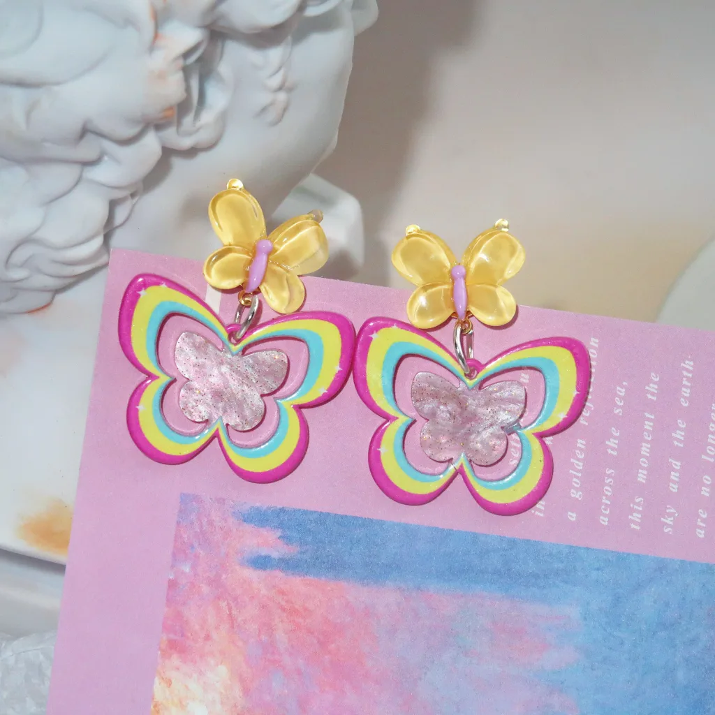 personality hot girl colorful butterfly acrylic earrings 25 needle silver rainbow earrings - Image 2