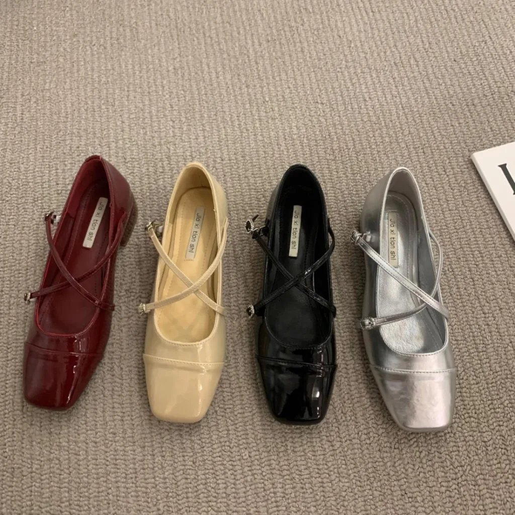 Red cross strap buckle high-heeled Mary Jane shoes women's 2025 summer new French girl with skirt thick heel single shoes - Image 4