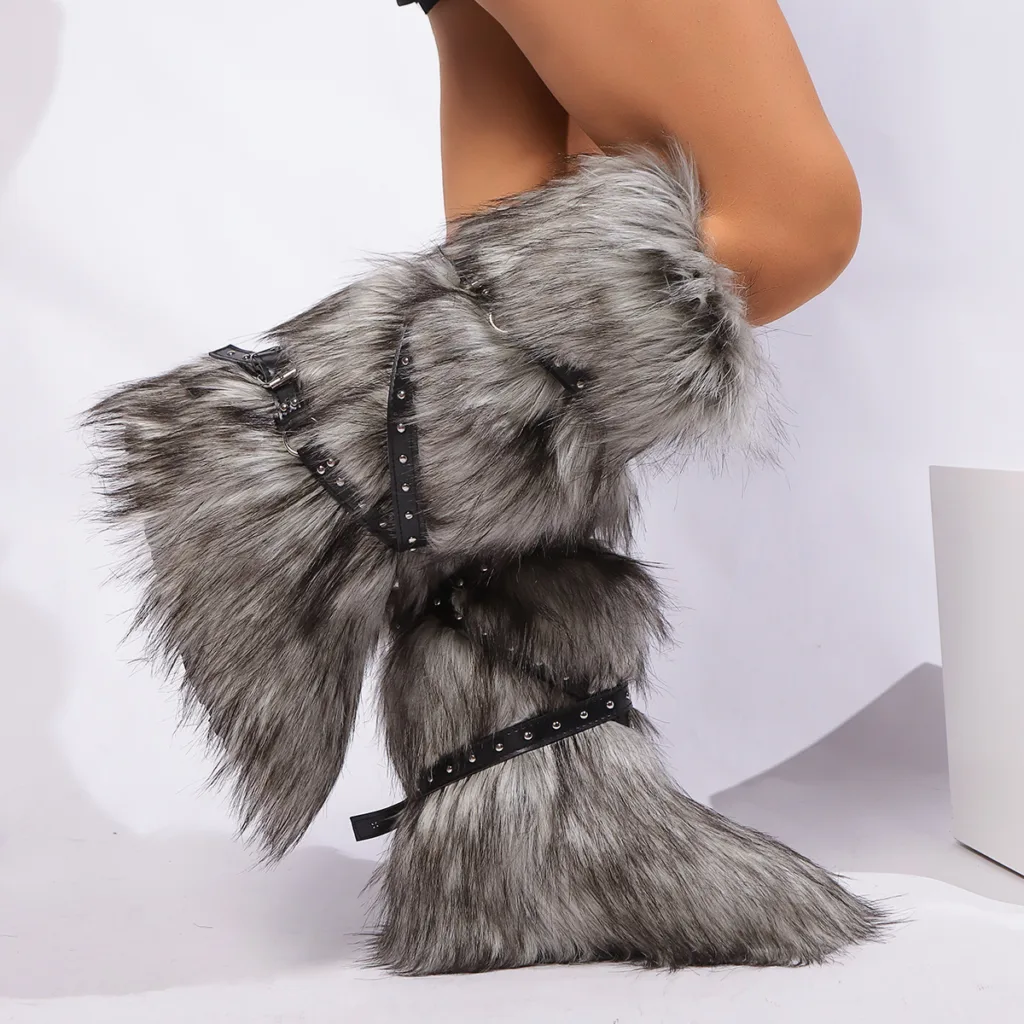 European and American cross-border Y2K hot girls sexy tall snow boots 2024 new cross-belt buckle fur boots - Image 3